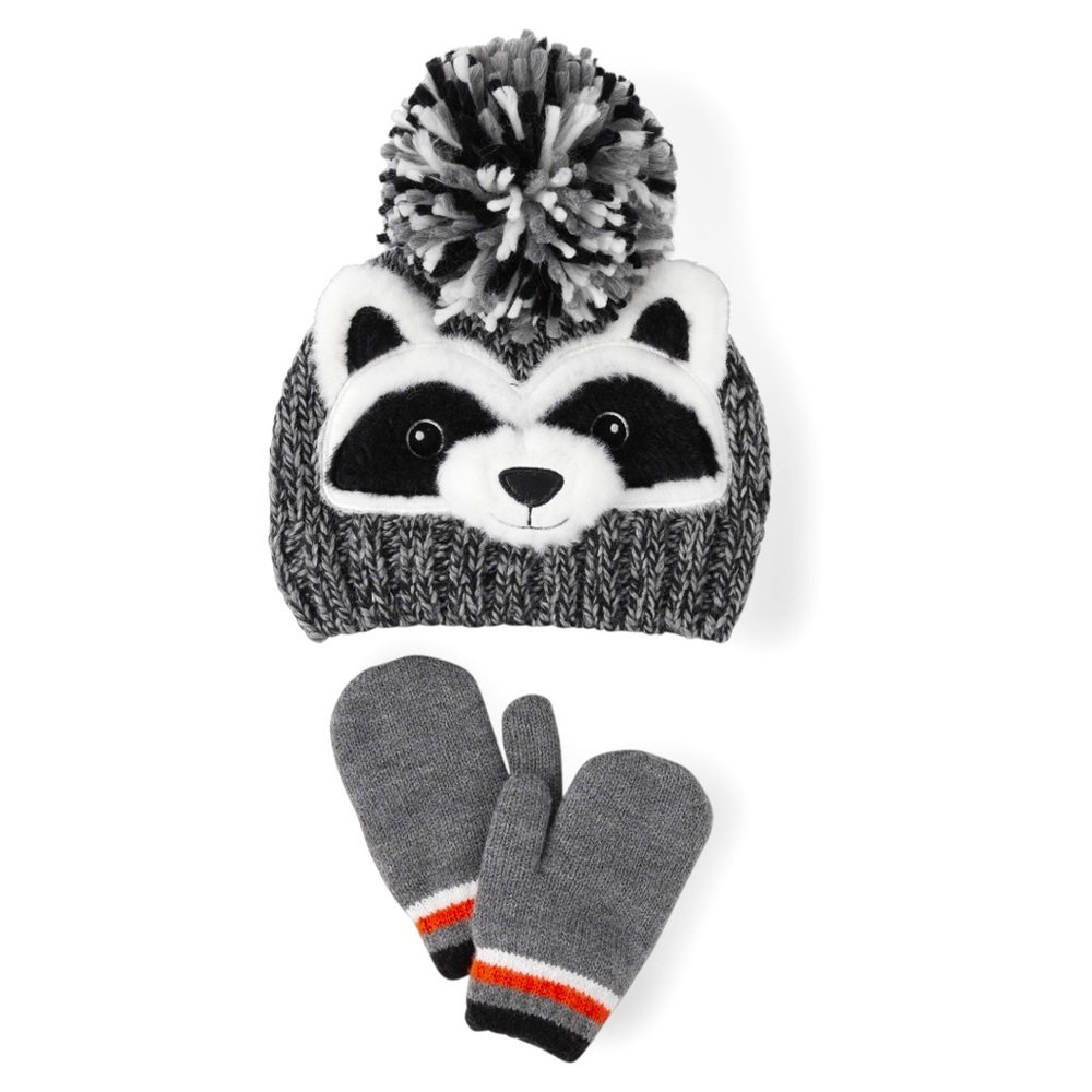 Baby And Toddler Boys Racoon Beanie And Mittens 2-Piece Set - Gray
